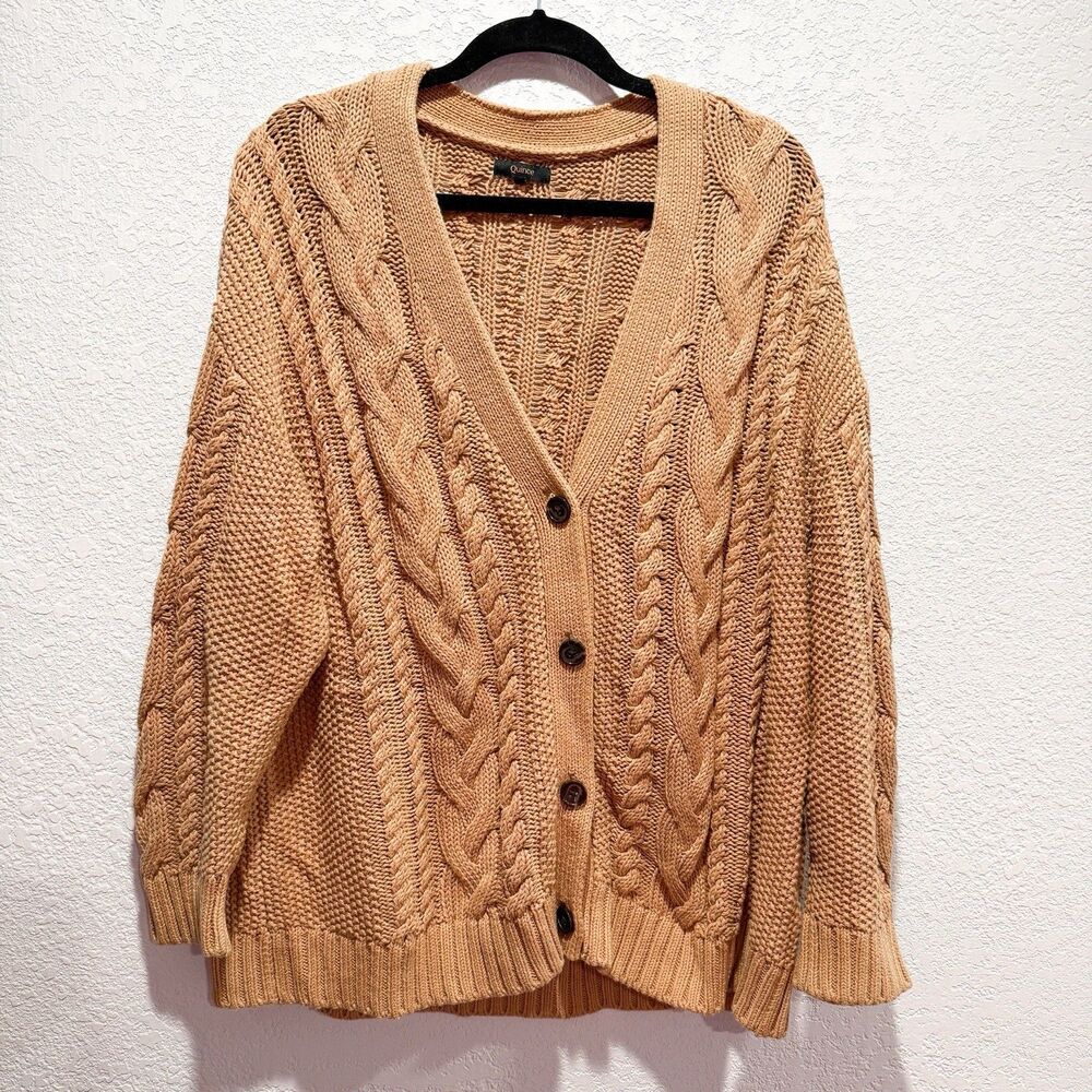 Quince 100% Organic Cotton Oversized Cable Cardigan Womens Small Camel Sweater